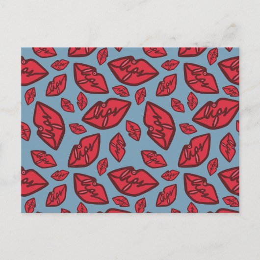 Cute Funny Lips Pattern Blue Background Briefkaart (Voorkant)