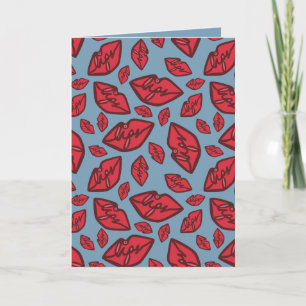 Cute Funny Lips Pattern Blue Background Kaart