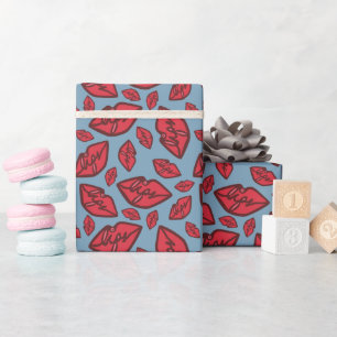 Cute Funny Lips Pattern Blue Cadeaupapier