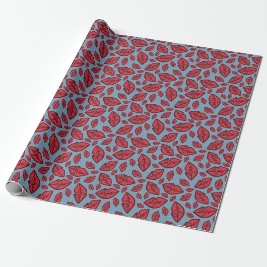 Cute Funny Lips Pattern Blue Cadeaupapier (Uitgerold)