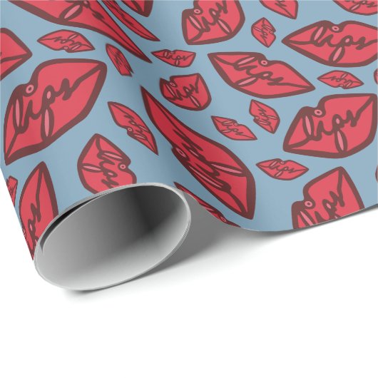 Cute Funny Lips Pattern Blue Cadeaupapier (Rol Hoek)