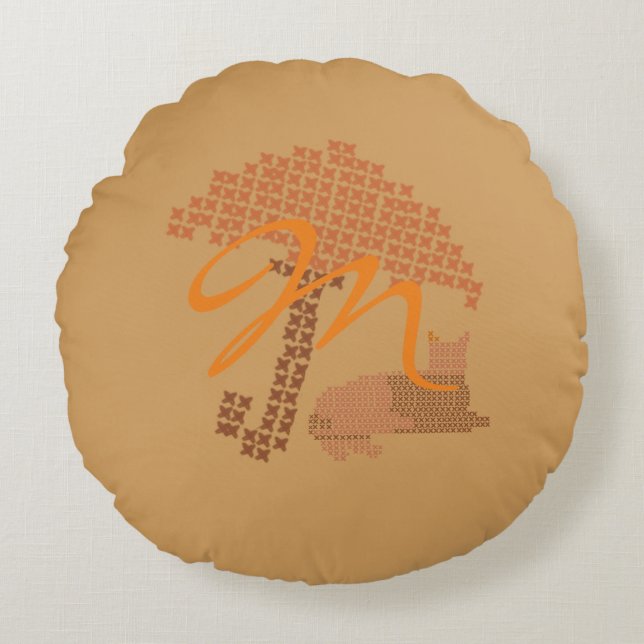 Cute Funny Monogrammed Red Cat Pillow Rond Kussen (Voorkant)