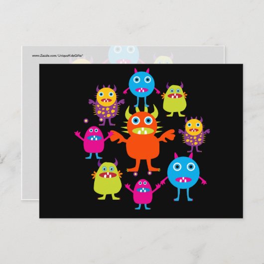 Cute Funny Monster Party Creats in Circle Briefkaart (Voorkant / Achterkant)