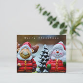 Cute Funny Moose en Snowman in de sneeuw Briefkaart (Staand voorkant)