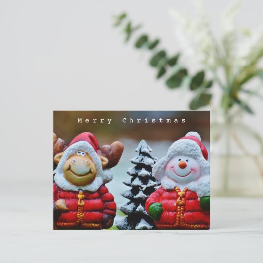 Cute Funny Moose en Snowman in de sneeuw Briefkaart (Staand voorkant)