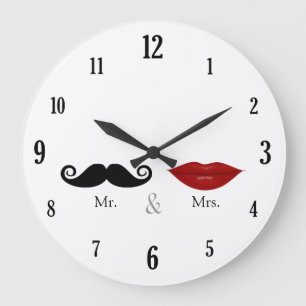 Cute & Funny - Mr en Mrs Lips & Mustache Grote Klok