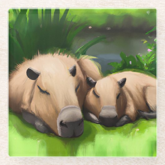 Cute Funny Napping Capybaras door Pond Glazen Onderzetter (Voorkant)