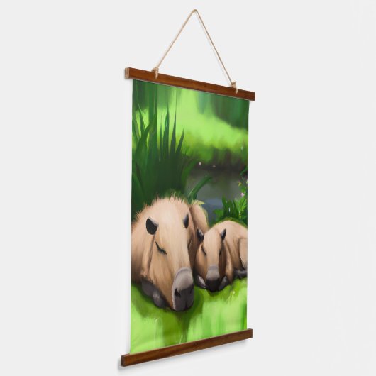 Cute Funny Napping Capybaras door Pond Hangend Wandkleed (Gebogen)