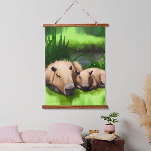 Cute Funny Napping Capybaras door Pond Hangend Wandkleed (Slaapkamer)