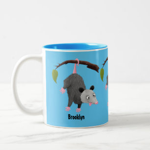 Cute funny opossum hanging from branch cartoon  tweekleurige koffiemok