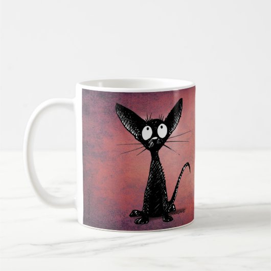 Cute Funny Oriental Black Cat Art over Roze Koffiemok (Links)