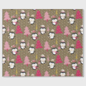 Cute Funny Penguin Pink Xmas Trees Kinder Kerstmis Cadeaupapier (Vlak)