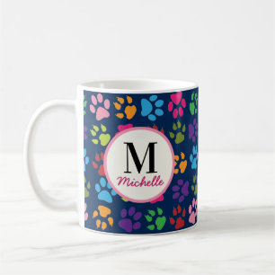 Cute Funny Pet Paw Print op Navy Monogrammed Koffiemok