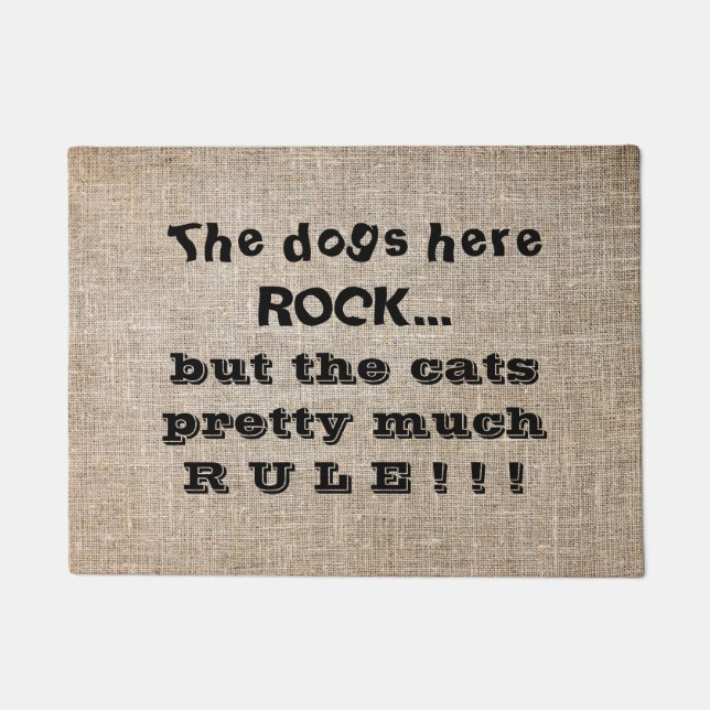 Cute Funny Pets Dogs Rock Cats Rule op Burlap Deurmat (Voorkant)
