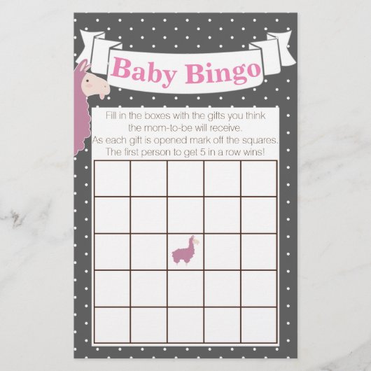 Cute Funny Pink Llama Baby shower Bingo Flyer (Voorkant)