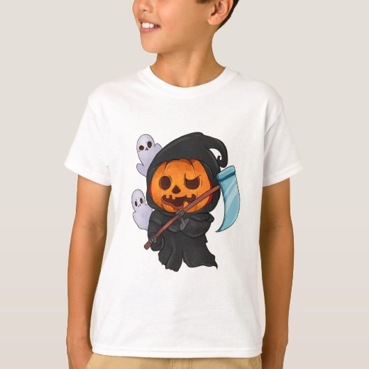 Cute Funny Pumpkin Head Grim Reaper T-shirt (Voorkant)