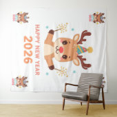 cute funny reindeer happy new year party backdrop wandkleed (In Situ (horizontaal))