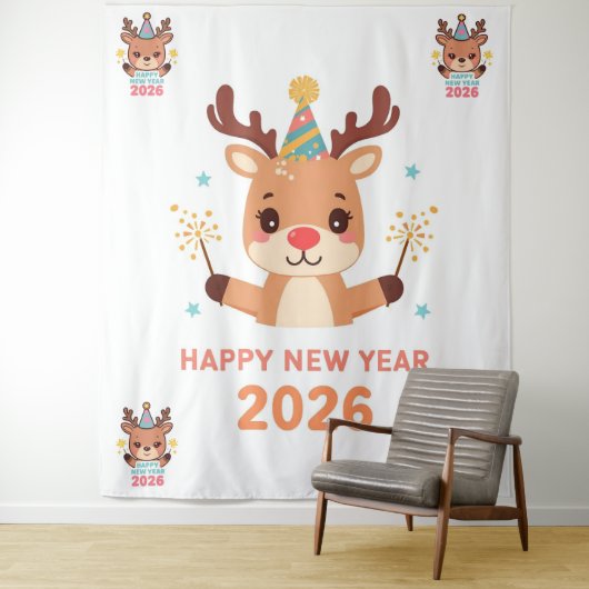 cute funny reindeer happy new year party backdrop wandkleed (In situ)