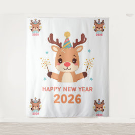 cute funny reindeer happy new year party backdrop wandkleed