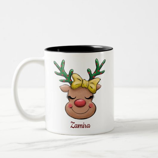 Cute Funny Reindeer Name Persoonlijke Kerstmis Tweekleurige Koffiemok (Links)