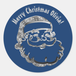 Cute Funny Santa Claus Blue Silver Grey Kerstmis Ronde Sticker