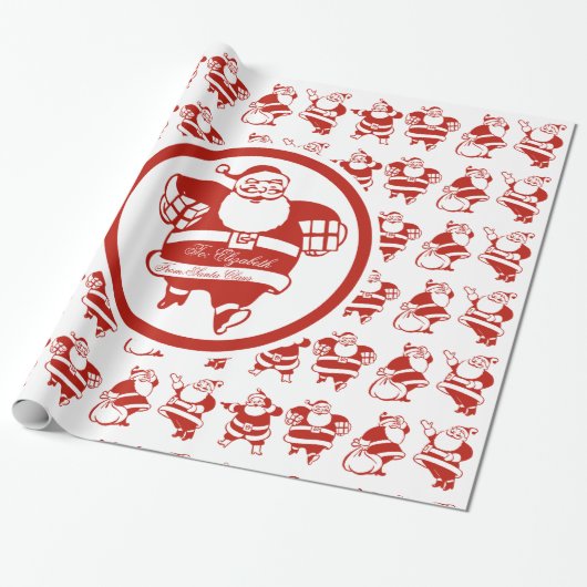 Cute Funny Santa Claus Pattern Label met kerstcade Cadeaupapier (Uitgerold)