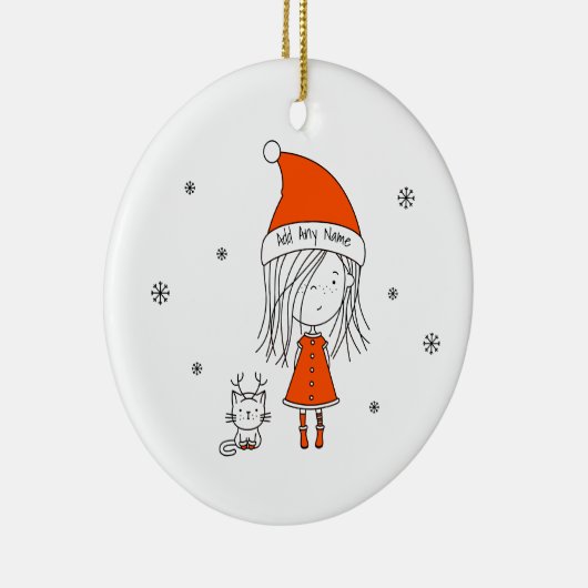 Cute Funny Santa Girl Cat Cartoon Naam toevoegen Keramisch Ornament (Rechts)
