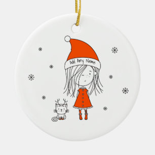 Cute Funny Santa Girl Cat Cartoon Naam toevoegen Keramisch Ornament