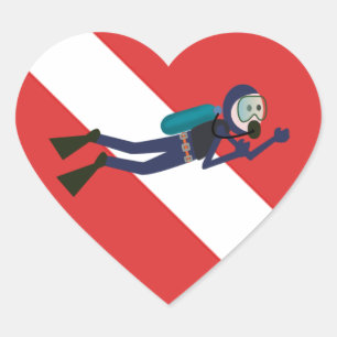 CUTE FUNNY SCUBA DIVER MET RED DIVING FLAG GIFT HART STICKER