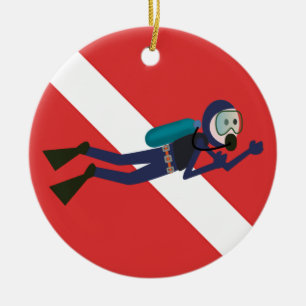 CUTE FUNNY SCUBA DIVER MET RED DIVING FLAG GIFT KERAMISCH ORNAMENT