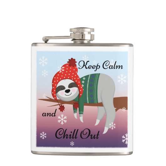 Cute Funny Sloth in Winter Pet & Scarf Cartoon Heupfles (Voorkant)