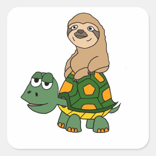 Cute Funny Sloth on Turtle Cartoon Vierkante Sticker (Voorkant)