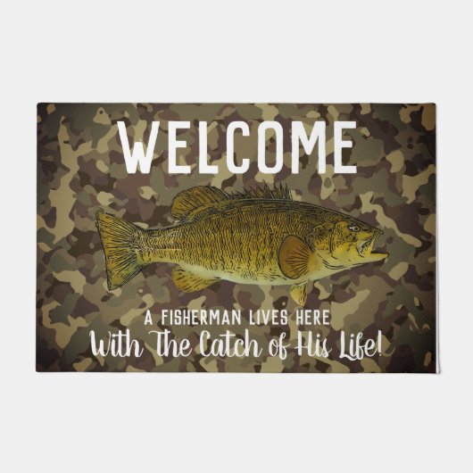 Cute Funny Smallmouth Bass Welcome Vissen Camo Deurmat (Voorkant)