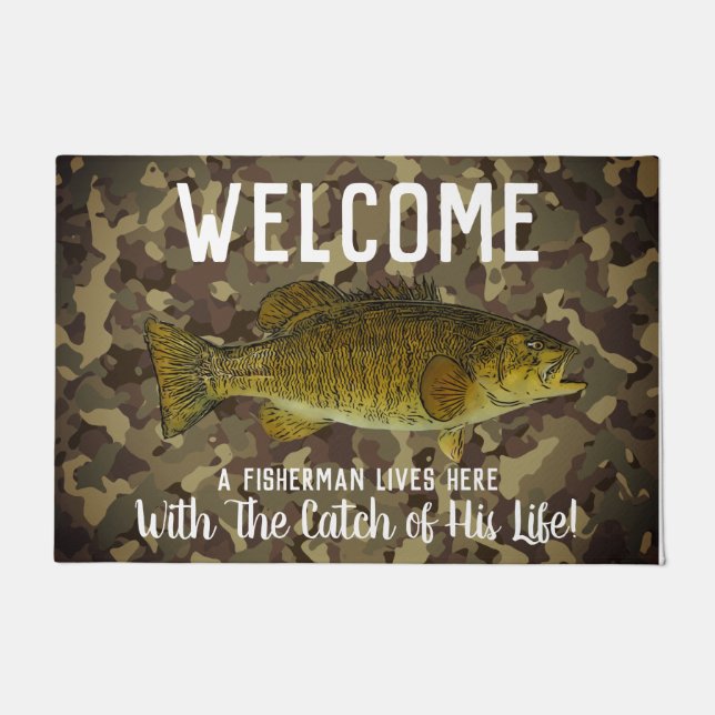 Cute Funny Smallmouth Bass Welcome Vissen Camo Deurmat (Voorkant)