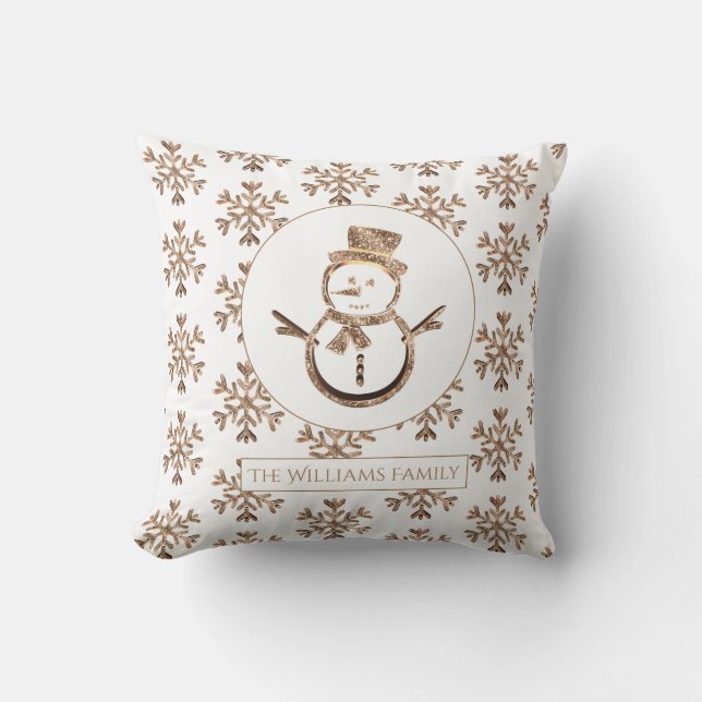 Cute Funny Snowman Snowflakes White en Gold Kussen (Voorkant)