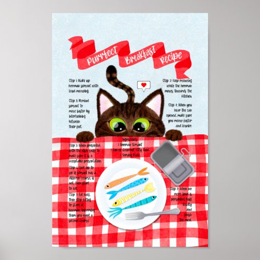 Cute Funny Tabby Cat Breakfast Recipe Poster (Voorkant)