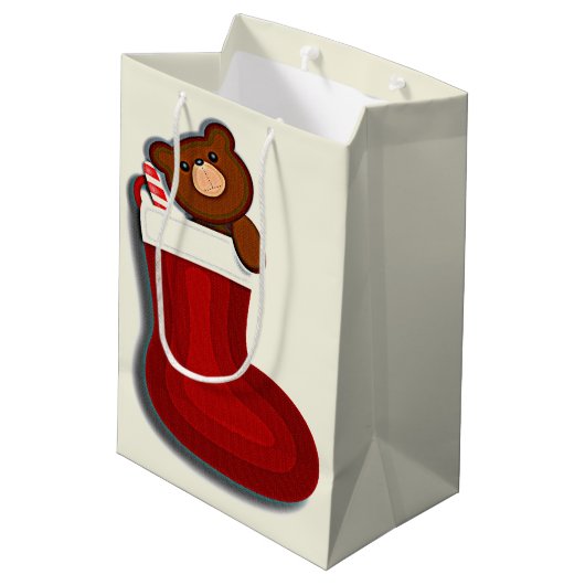 Cute Funny Teddybeer in Stocking Kerstmis Medium Cadeauzakje (Achterkant Gekanteld)