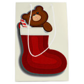 Cute Funny Teddybeer in Stocking Kerstmis Medium Cadeauzakje (Voorkant)