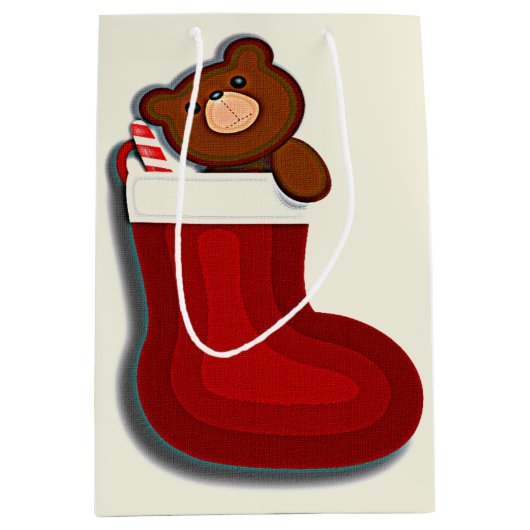 Cute Funny Teddybeer in Stocking Kerstmis Medium Cadeauzakje (Voorkant)