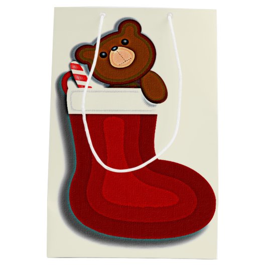 Cute Funny Teddybeer in Stocking Kerstmis Medium Cadeauzakje (Achterkant)