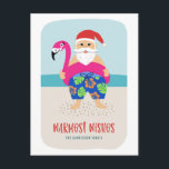 Cute Funny Tropical Beach Kerstmis in juli  Feestdagenkaart<br><div class="desc">Dit schattige vakantie-briefkaart is voorzien van een handgetekende tropische kerstman, met een kleurrijke zwembroek en een felle fuchsia flamingo zwembad. De achtergrond omvat de oceaan en een zandstrand. Eenvoudig aan te passen met je eigen tekst aan de voor- en achterkant! Verstuur dit kerstseizoen of voor Kerstmis in juli! *Kunstwerk dat...</div>