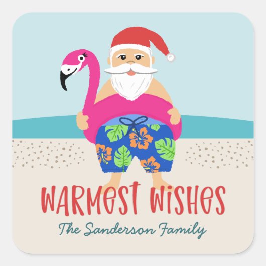 Cute Funny Tropical Santa Warmest Wishes Naam Vierkante Sticker (Voorkant)
