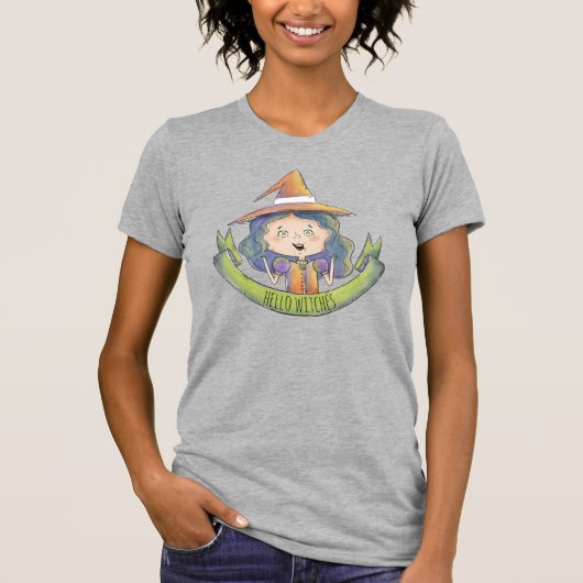 Cute Funny Waterverf Hallo Witches T-shirt (Voorkant)