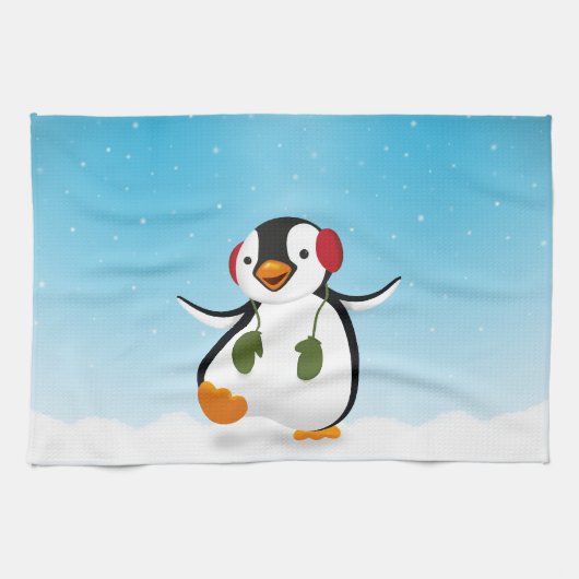 Cute Funny Winter Penguin Theedoek (Horizontaal)