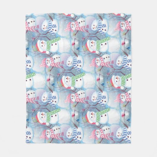 Cute Funny Winter Season Snowmen Waterverf Art Fleece Deken (Voorkant)