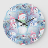 Cute Funny Winter Season Snowmen Waterverf Art Grote Klok (Voorkant)