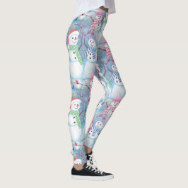 Cute Funny Winter Season Snowmen Waterverf Art Leggings