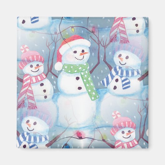 Cute Funny Winter Season Snowmen Waterverf Art Magneet (Voorkant)