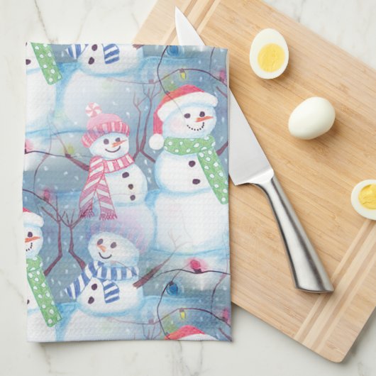 Cute Funny Winter Season Snowmen Waterverf Art Theedoek (Quarter Fold)