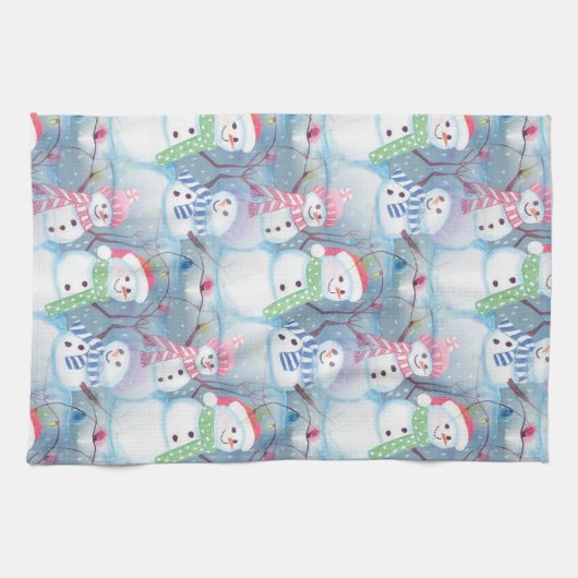 Cute Funny Winter Season Snowmen Waterverf Art Theedoek (Horizontaal)